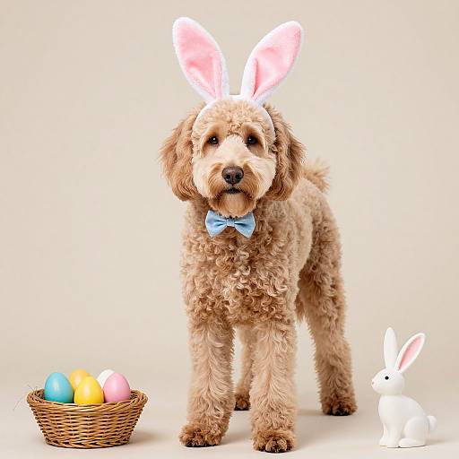 Photograph of a curly-haired brown dog wearing pink bunny ears and a blue bowtie, standing beside a basket of colorful Easter eggs and a white bunny
