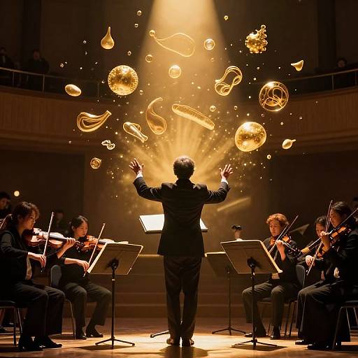 Photograph of a conductor in a black suit, arms raised, creating an illusion of golden, floating musical notes and instruments on a brightly lit stage with