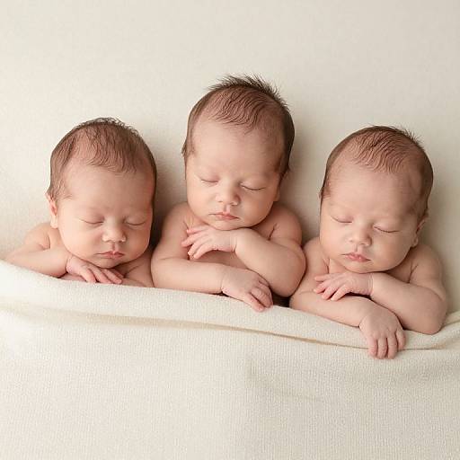 Photograph of three sleeping newborn babies with closed eyes, light skin, and fine dark hair, lying side by side under a white blanket against a plain