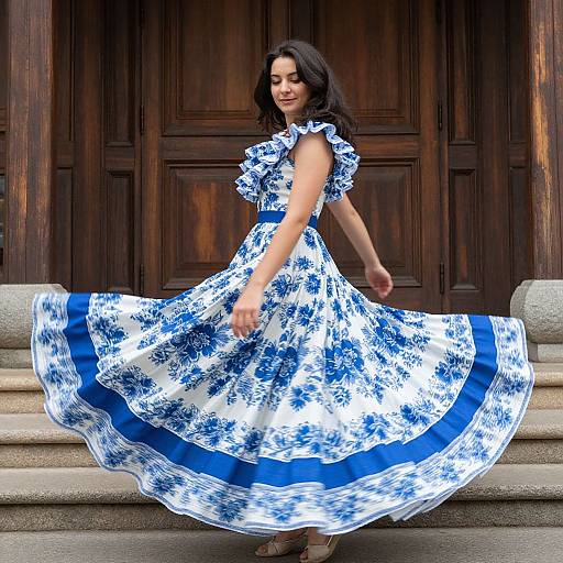 Photograph of a smiling woman with dark hair, wearing a blue and white floral dress, twirling in front of a wooden door.