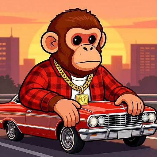 Cartoon monkey in red plaid shirt and gold chain, driving a red vintage car against a sunset cityscape background.