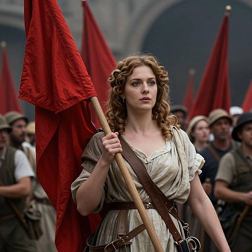 Photograph-style CGI of a curly-haired woman in ancient Roman dress holding a red flag, surrounded by soldiers in the background.