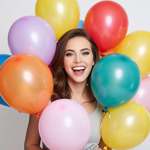Photograph of a smiling young woman with brown hair, holding colorful balloons (red, orange, blue, purple, yellow, pink) against a white