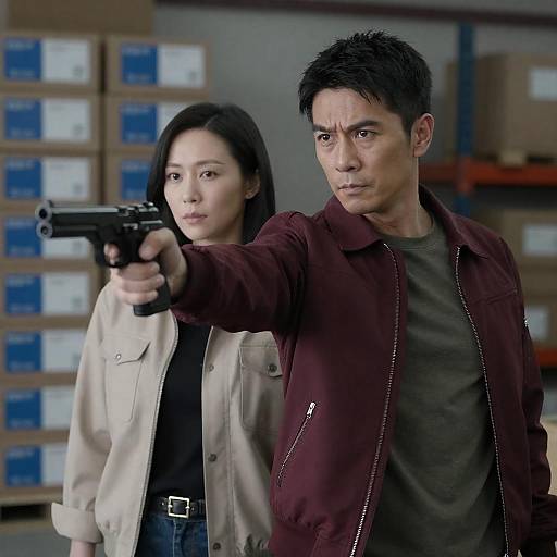 Two Asian individuals in warehouse with gun