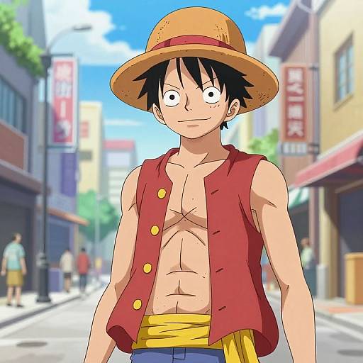 Digital anime-style drawing of a muscular, shirtless man with black hair, straw hat, red vest, yellow sash, standing on a sunny urban