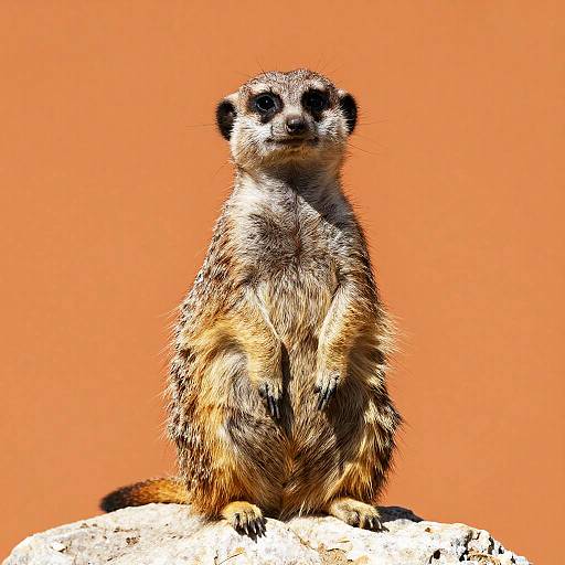Photograph of a meerkat standing on a rock against a vibrant orange background, showcasing its brown and black fur, dark eyes, and small p