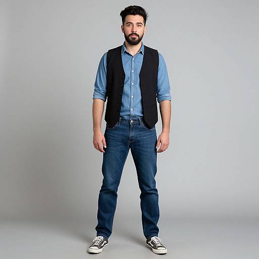 Photograph of a bearded man with dark hair, wearing a blue shirt, black vest, blue jeans, and white sneakers, standing against a plain