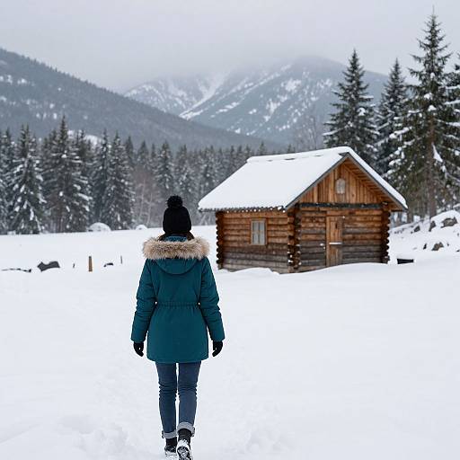 Photograph of a person in a teal winter coat and black hat walking towards a wooden cabin in a snowy, forested mountain landscape.