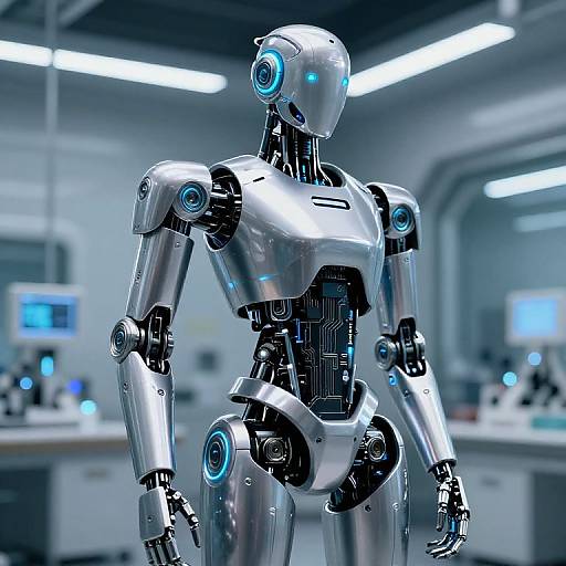 Photograph of a shiny, blue-accented metallic humanoid robot in a futuristic, brightly lit laboratory with blurred computer screens and equipment in the background.