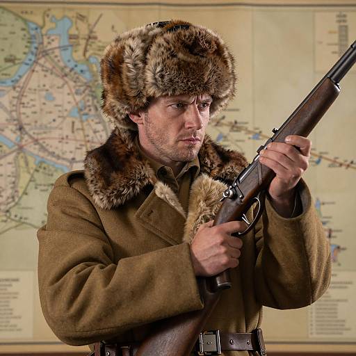 Focused Man in Fur Hat and Rifle