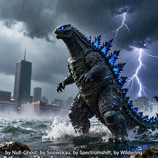 Feral Godzilla Amidst Stormy Waves