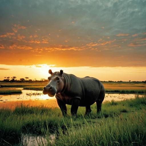Hippopotamus at Sunset in Wetlands
