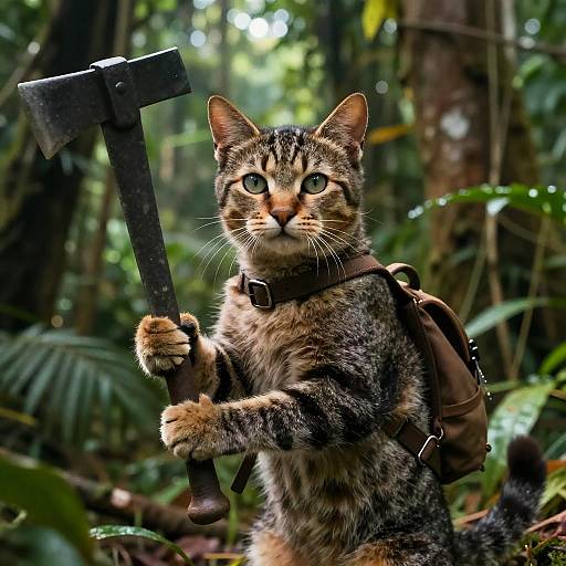 Photograph of a tabby cat with blue eyes, wearing a brown backpack, holding a black axe in a lush, sunlit jungle.