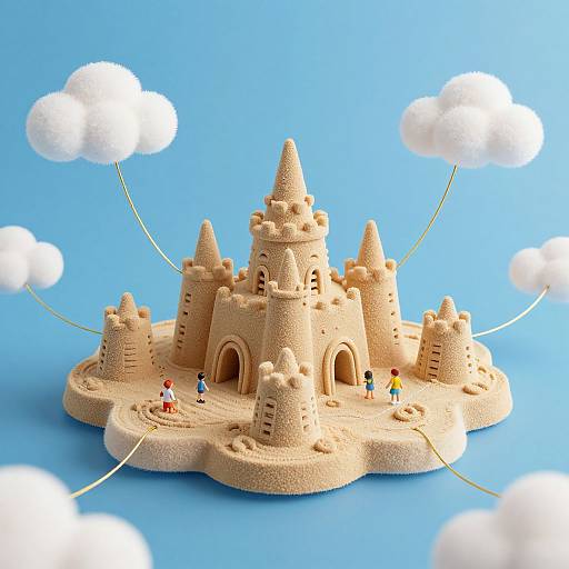 Photograph of a detailed sandcastle with multiple turrets, arched entrances, and tiny colorful figurines, floating on blue background with white clouds.