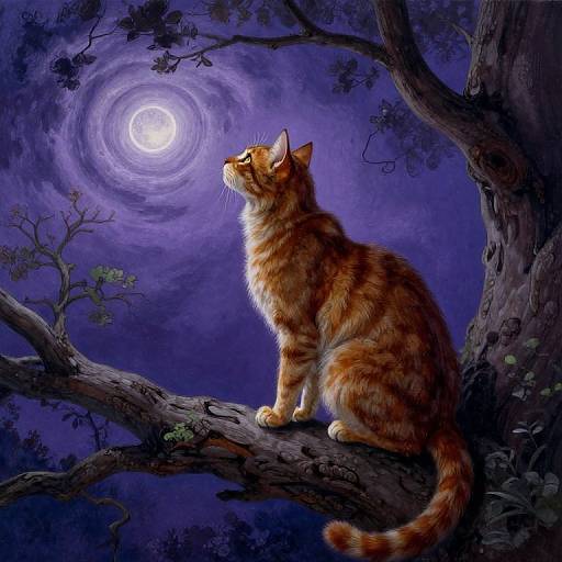 Digital painting of an orange tabby cat with white chest, sitting on a dark tree branch, gazing at a glowing full moon in a starry
