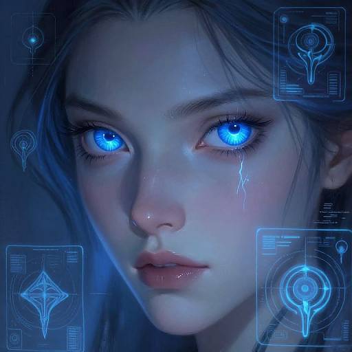 Digital artwork of a blue-eyed, pale-skinned woman with glowing eyes, futuristic cybernetic enhancements, and blue holographic interface overlays.