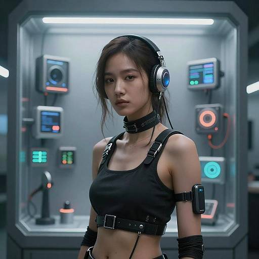 Digital CGI of an Asian woman with black hair, wearing a black crop top, leather straps, headphones, and a choker, standing in a futuristic