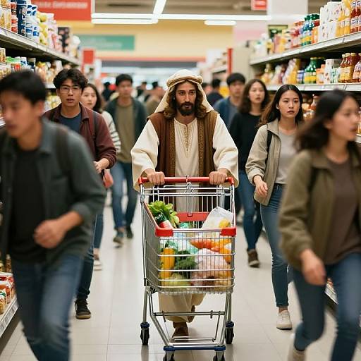 Photograph of a bearded man in biblical attire pushing a shopping cart filled with groceries, surrounded by blurred Asian shoppers in a brightly lit supermarket aisle.