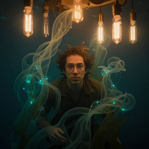 Photograph of a man with curly hair, glasses, and dark clothing, surrounded by swirling, glowing blue smoke, under warm hanging bulbs.