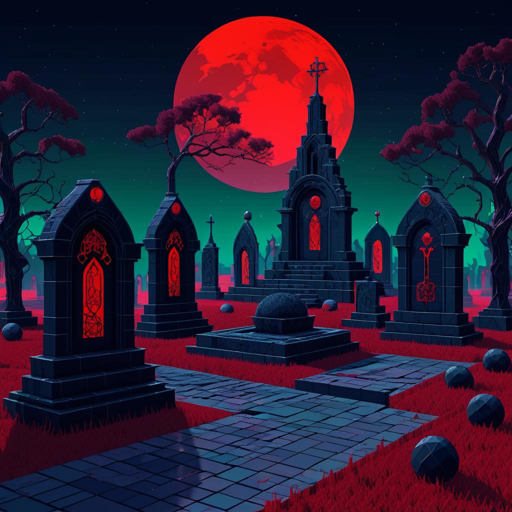 Eerie Low Poly Graveyard with Red Moon