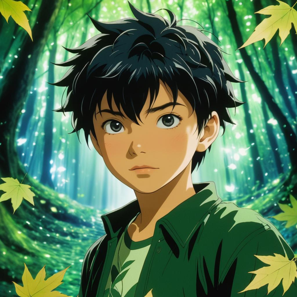 Young Boy in Enchanted Forest Surrounded by Leaves