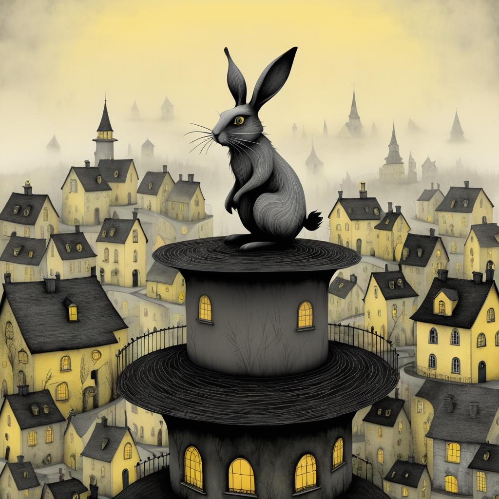 Whimsical Rabbit Overlooking Eerie Village