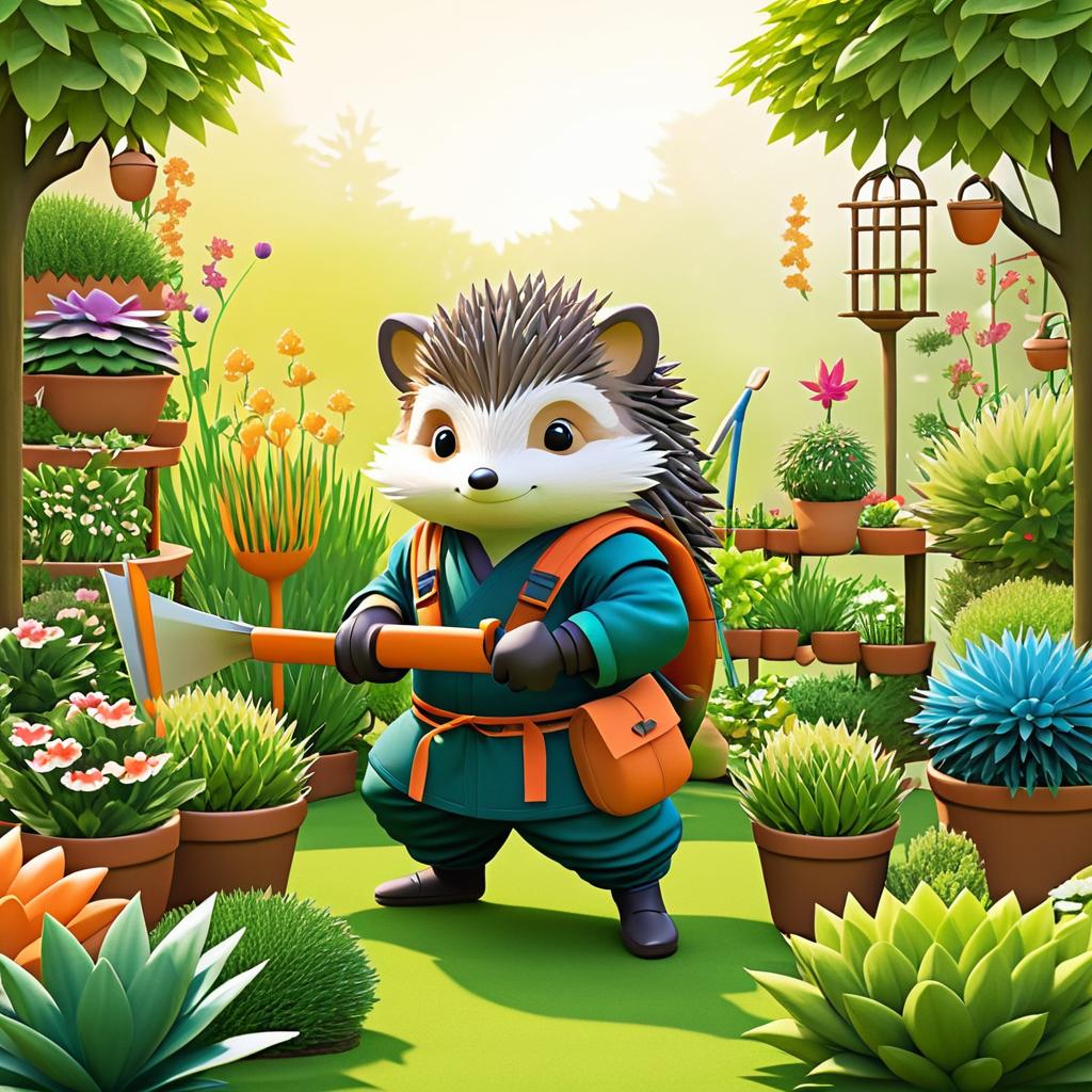 Ninja Hedgehog Tending a Colorful Garden