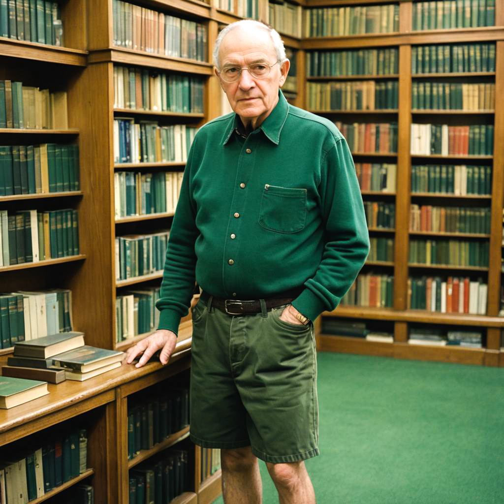 Elderly Man in Denim Skirt at Library