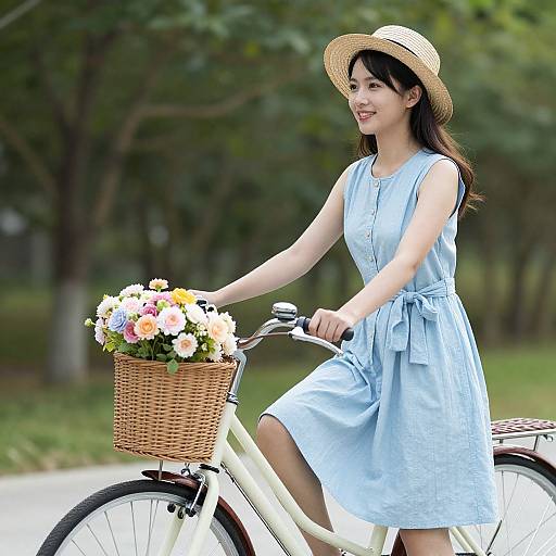 Photograph of an Asian woman in a light blue dress and straw hat, riding a white bicycle with a flower basket, smiling in a green, tree
