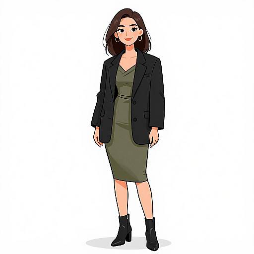 Digital anime-style drawing of a cute, smiling woman with medium-length brown hair, wearing a black blazer, olive green dress, and black ankle boots