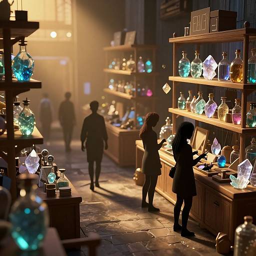 Photograph of a dimly-lit, magical market at sunset, with glowing, colorful glass bottles on wooden shelves, silhouetted shoppers browsing