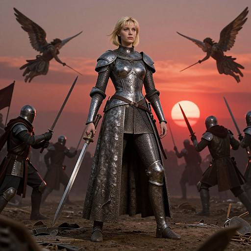 Photograph-style CGI: Blonde warrior woman in silver armor stands confidently, sword in hand, at sunset, with winged angels and armored soldiers behind her