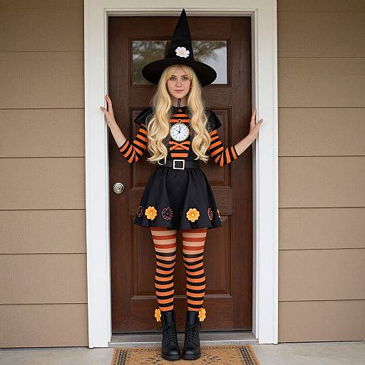 Photograph of a blonde girl in a black witch costume with orange stripes, hat, and boots, standing in a doorway.