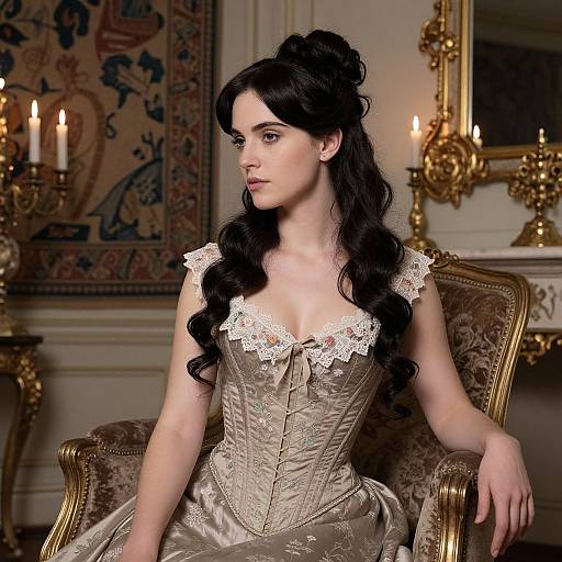 Photograph of a fair-skinned woman with long, wavy black hair in an ornate, beige, lace-trimmed Victorian dress, seated