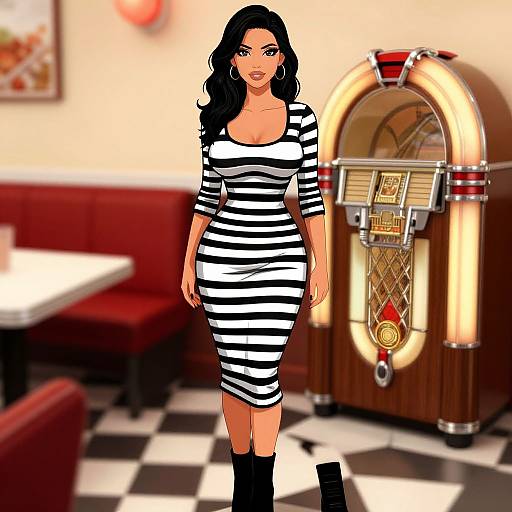 Digital artwork of a black-haired woman in a black-and-white striped dress, standing in a retro diner with a vintage slot machine and checkered floor.