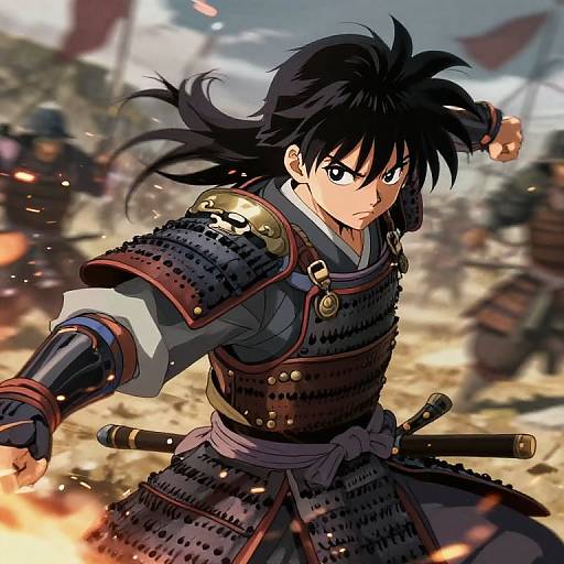 Anime-style digital drawing of a fierce samurai with black hair, wearing detailed armor, holding a sword, and battling amidst a fiery battlefield.