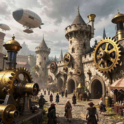 Steampunk Medieval Cityscape with Airships
