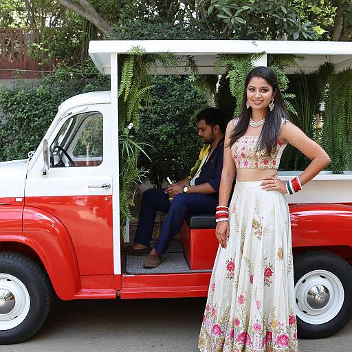 Photograph of an Indian woman in a floral crop top and white skirt standing confidently beside a red vintage car, with a man seated inside, surrounded by