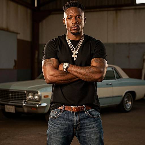 Photograph of a muscular Black man with short hair, black t-shirt, blue jeans, necklace, and watch, standing confidently with arms crossed in front