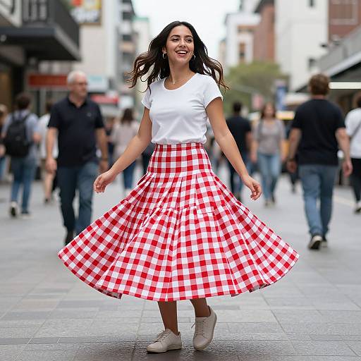 Photograph of a smiling woman with long dark hair, wearing a white t-shirt and red-and-white gingham skirt, walking in a busy urban street