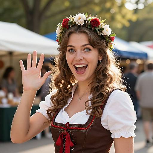 Photograph of a smiling young woman with curly brown hair, wearing a flower crown, white blouse, and brown dirndl, waving in a sunny outdoor