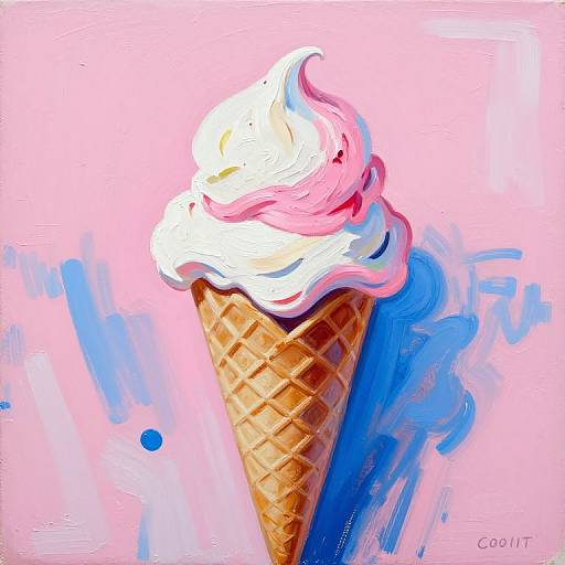 Vibrant digital painting of a swirled ice cream cone with pink, white, and blue colors, set against a pink background. Artist's