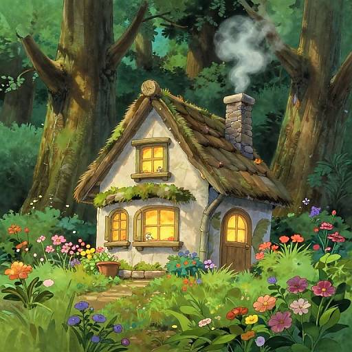 Whimsical fairy-tale cottage with glowing windows, stone chimney, moss-covered roof, surrounded by vibrant flowers and towering trees in a lush forest.