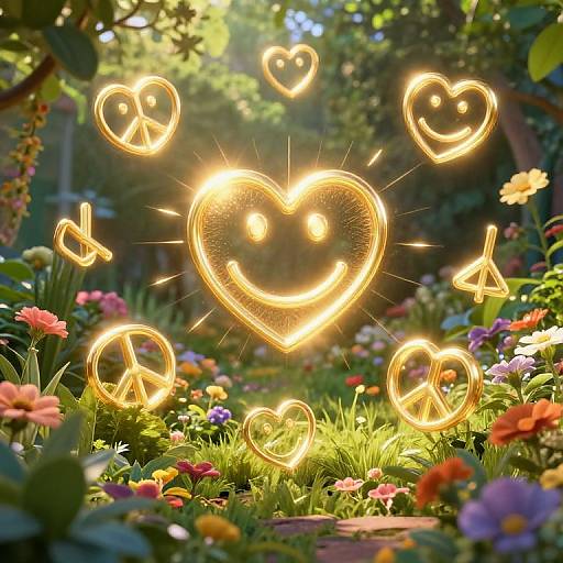 Photograph of glowing, neon heart and peace sign lights with smiley faces, surrounded by vibrant, colorful flowers in a sunny garden.