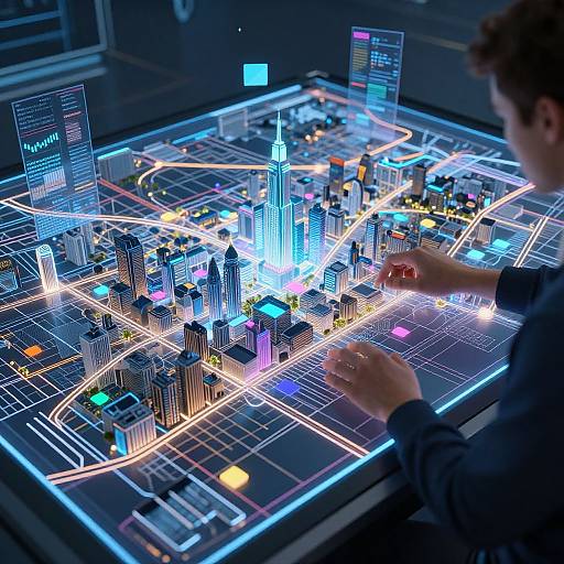 Photograph of a person interacting with a glowing, digital cityscape tabletop game, featuring neon lights, futuristic skyscrapers, and holographic interfaces.