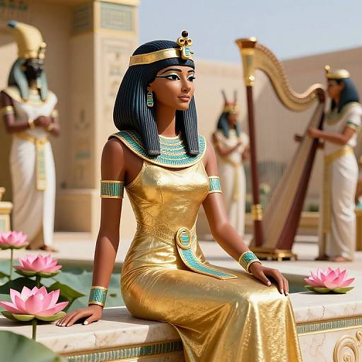 Digital artwork of an elegant Egyptian woman with dark skin, black hair, gold dress, and turquoise jewelry, seated by a lotus-filled pool with har