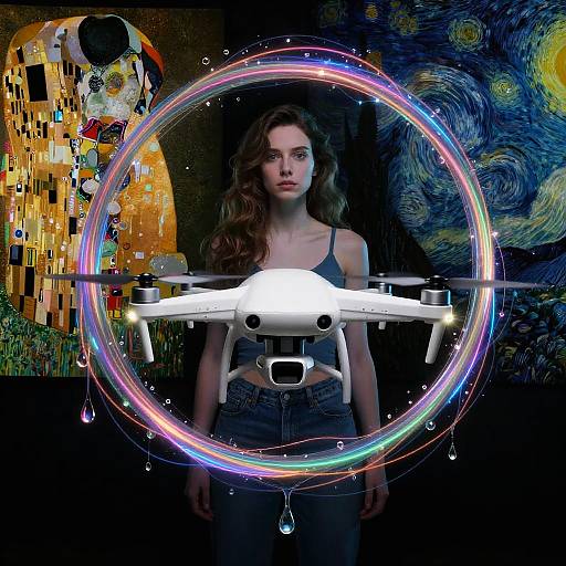 Photograph of a serious young woman with long brown hair, wearing a gray tank top and jeans, standing in front of a white drone, with colorful
