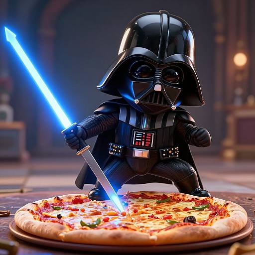 Chibi-style Darth Vader with glowing blue lightsaber attacks pizza, holding a knife. Digital artwork with detailed textures and vibrant colors.