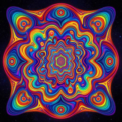 Vibrant, psychedelic, abstract digital artwork with swirling, colorful patterns in red, blue, yellow, and green on a black background.