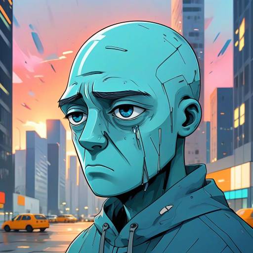 Sad Blue Robot in Urban Sunset